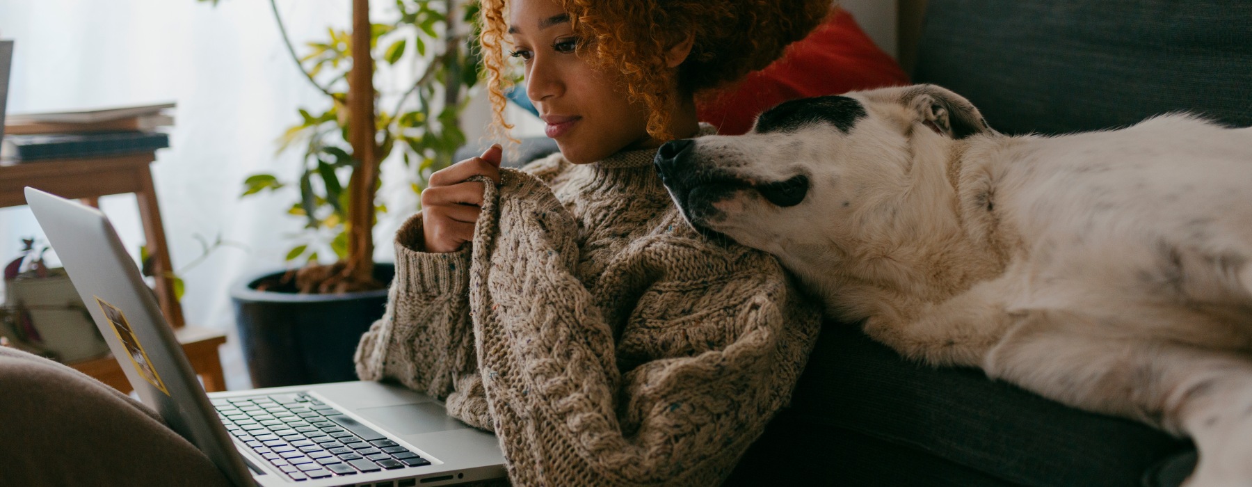a woman on her computer as she lies next to dog on the couch