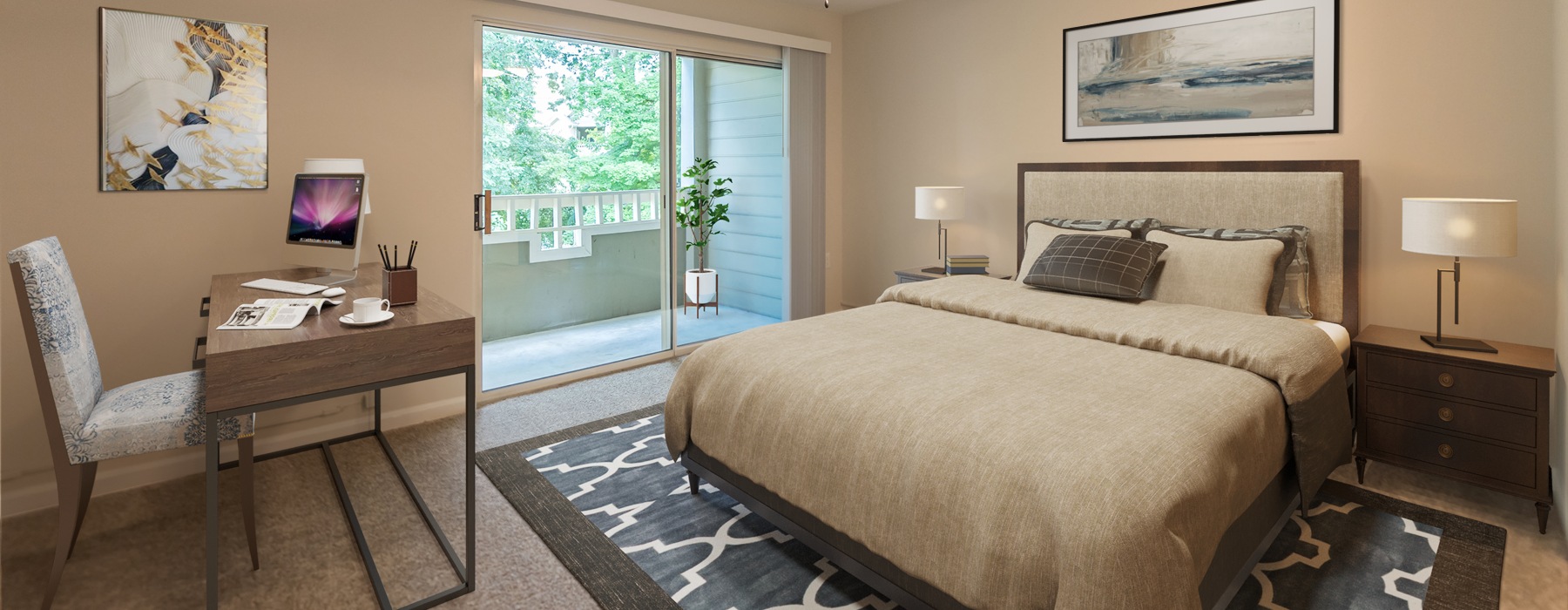 Spacious bedroom with bright windows