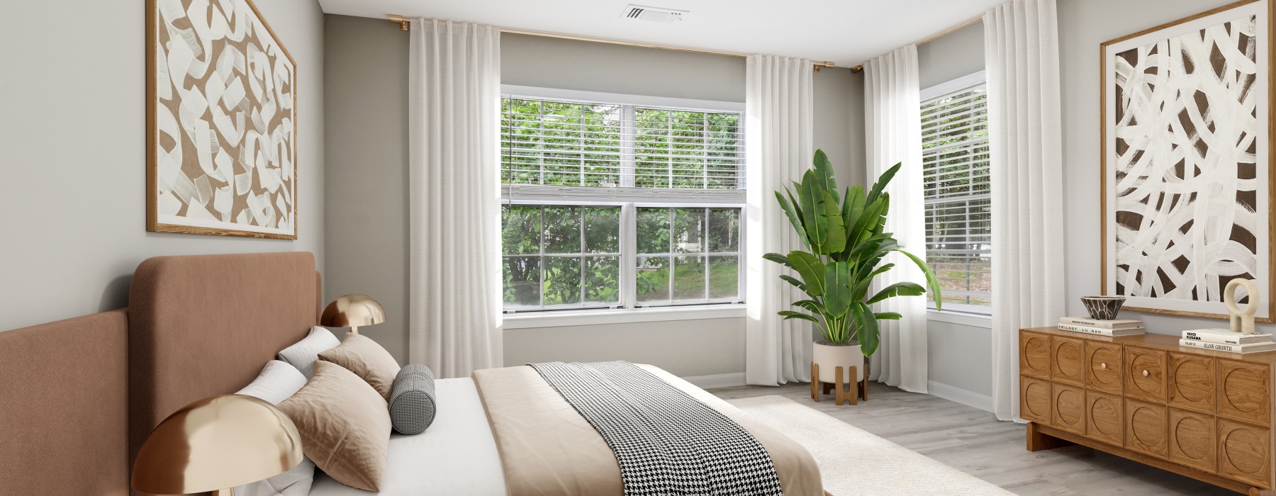 Bedroom with natural lighting and high ceilings