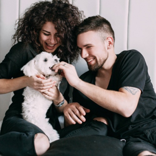 Cute couple playing with their dog